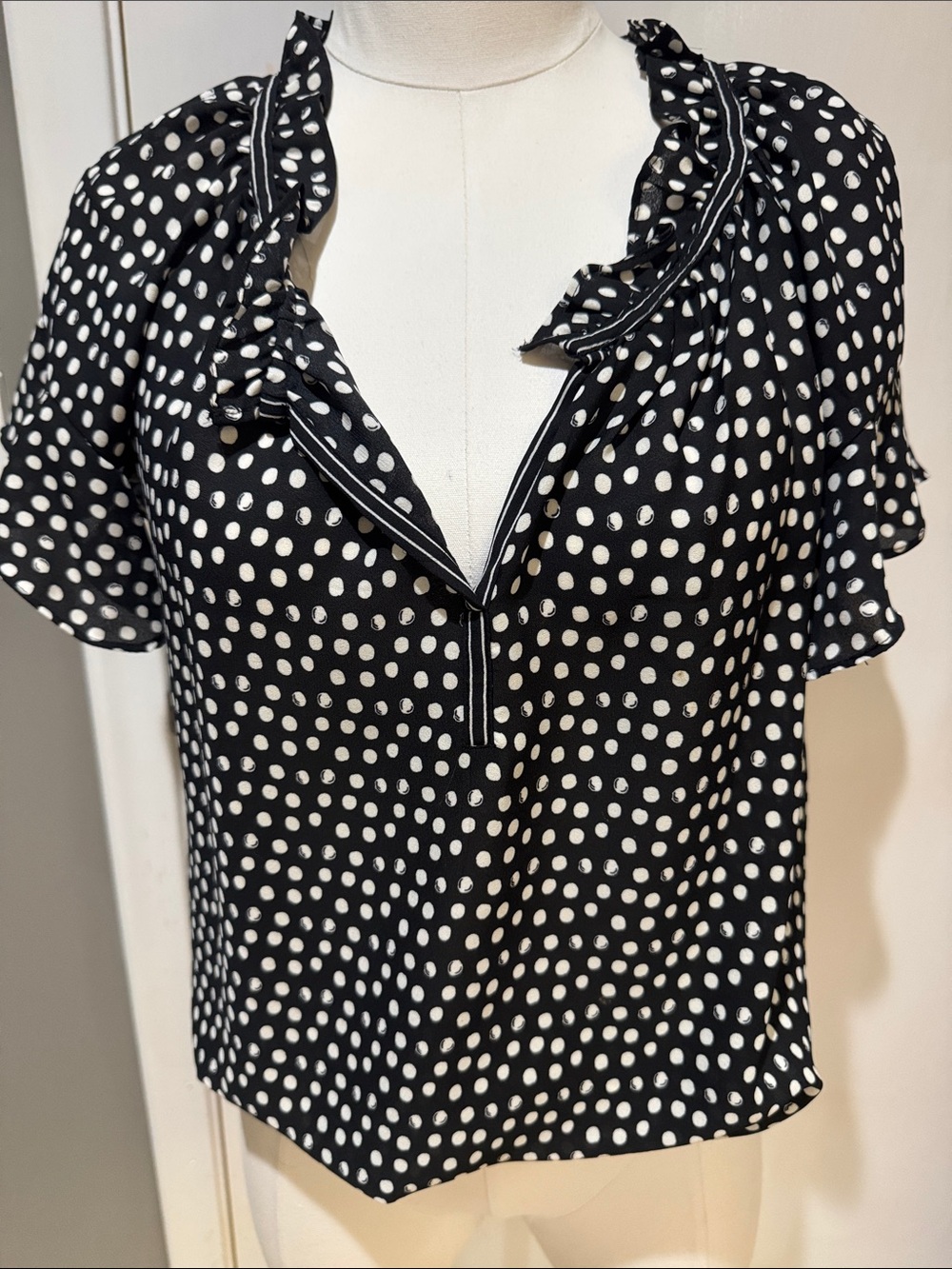 Max Studio Black and White Polka Dot Ruffle V-Neck Blouse